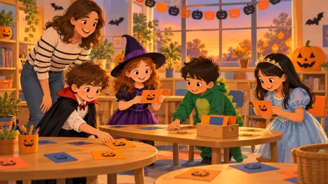 Niños buscan tarjetas de calabazas en una fiesta de Halloween acompañados por una adulta.