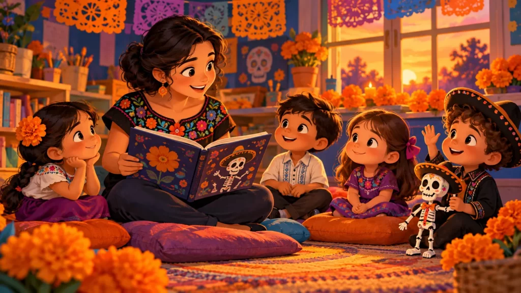 Calaveritas literarias para preescolar: versos breves para leer en voz alta 1 Una docente lee a cuatro niños junto a una pequeña Calaca de papel.