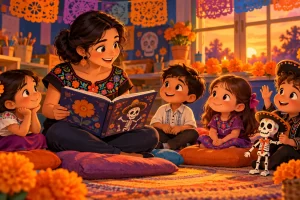 Una docente lee a cuatro niños junto a una pequeña Calaca de papel.