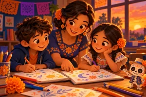Dos estudiantes escriben y dibujan en sus cuadernos con la ayuda de una docente.