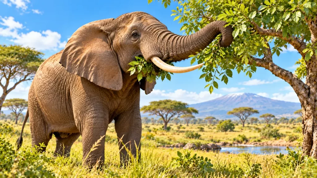 Un elefante toma hojas de un árbol con la trompa