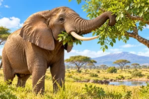 Un elefante toma hojas de un árbol con la trompa