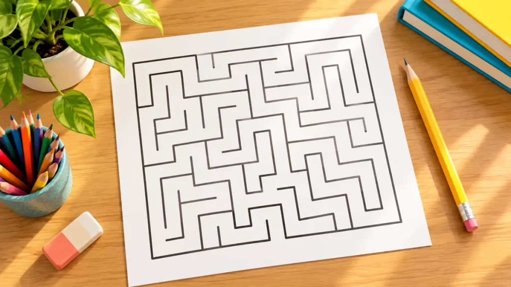 Ilustración decorativa de un laberinto sobre una mesa con lápices.