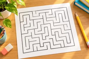 Ilustración decorativa de un laberinto sobre una mesa con lápices.