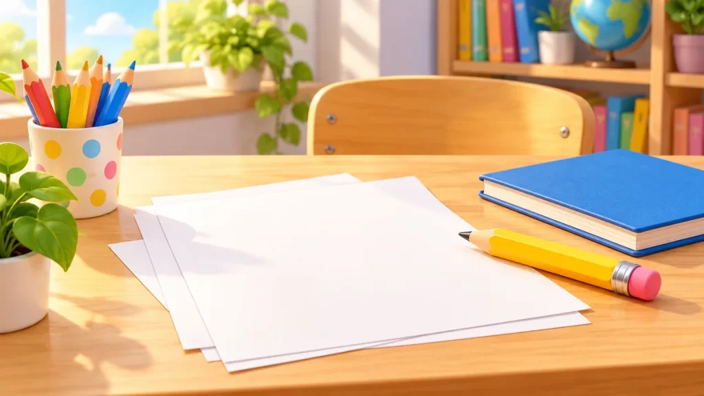 Lápiz grueso, hojas en blanco y cuaderno sobre una mesa escolar.