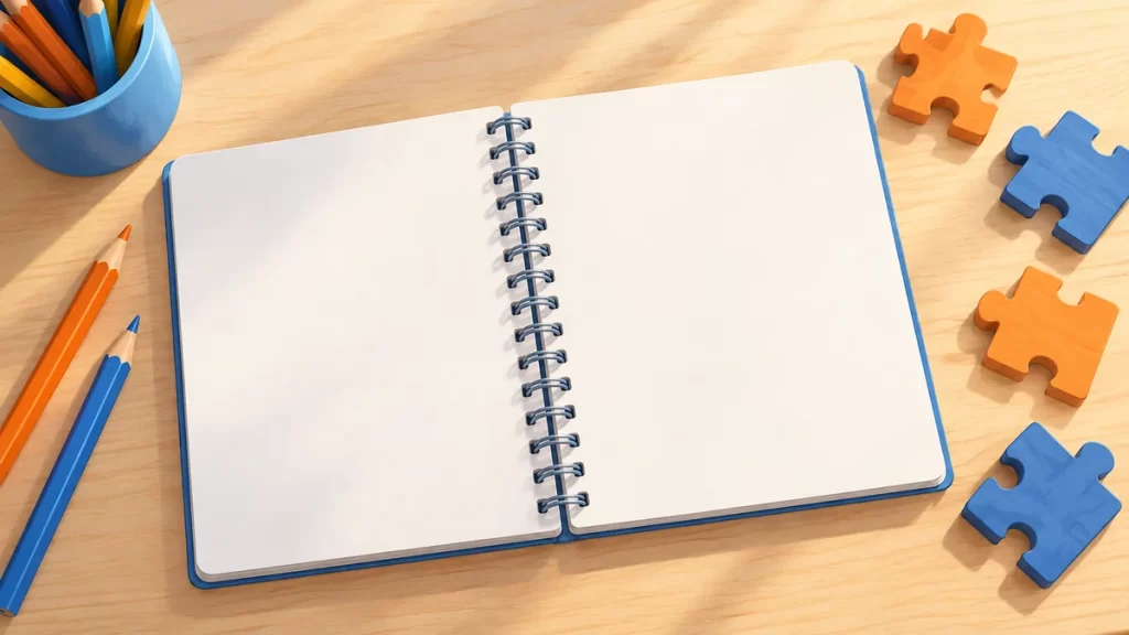 Sudokus para niños: cuatro juegos 4 × 4 y 6 × 6 con soluciones 1 Cuaderno de páginas blancas, lápices y piezas de rompecabezas sobre una mesa.