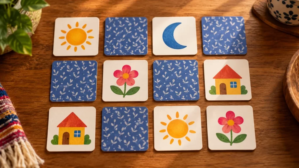 Doce tarjetas ilustrativas de un juego de memoria sobre una mesa.