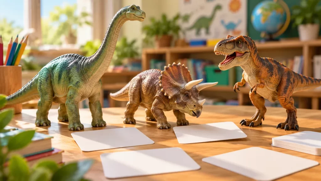 Adivinanzas de dinosaurios para niños: 12 con respuestas 1 Dinosaurios de juguete y tarjetas blancas en una mesa de aula.
