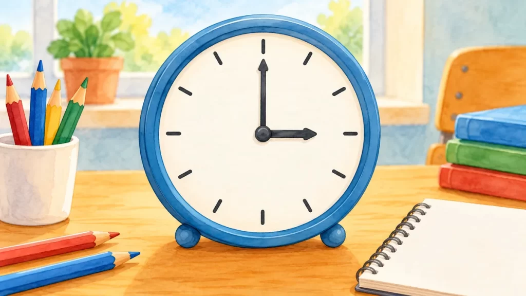 Reloj analógico ilustrado con las agujas en las tres en punto, junto a lápices y un cuaderno.