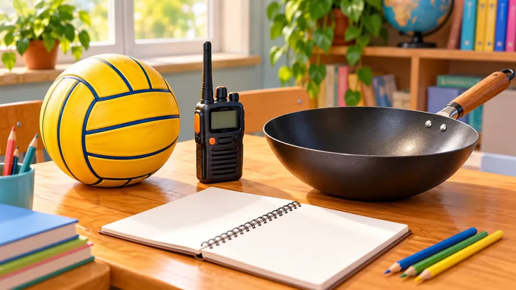 Palabras con W: ejemplos con wa, we, wi y wo y ejercicios 1 Balón amarillo, walkie-talkie y wok junto a un cuaderno en una mesa escolar.