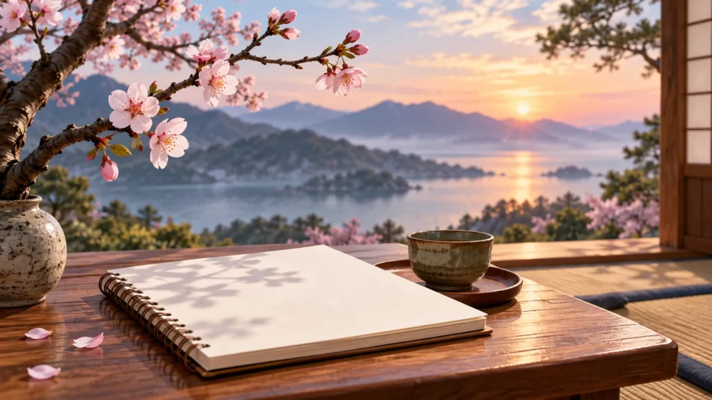 Qué es un haiku: estructura, ejemplo original y actividad explicada 1 Cuaderno y taza de té junto a flores y un paisaje tranquilo.