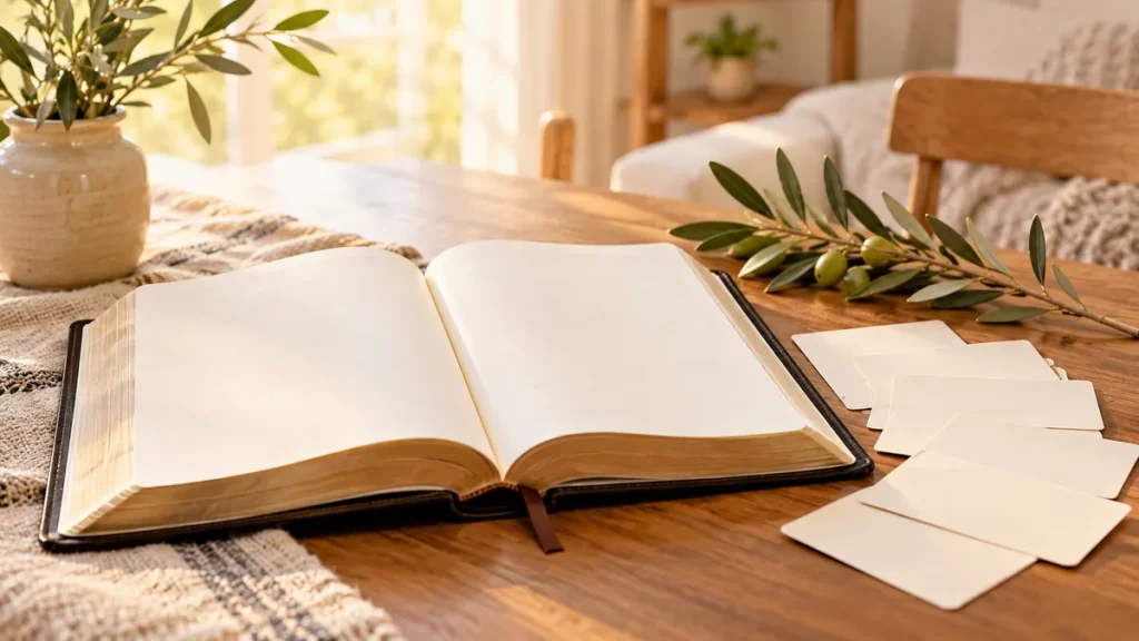 Nombres bíblicos para niños: diez opciones con origen y referencias 1 Libro de páginas vacías y tarjetas blancas sobre un escritorio con rama de olivo.