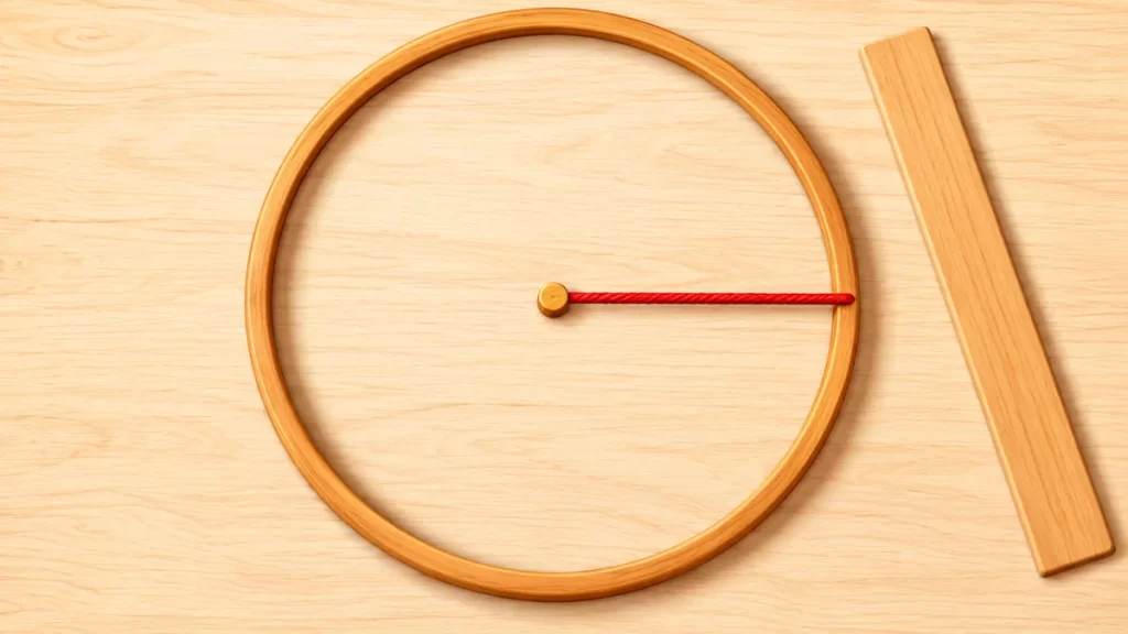 Ejercicios de circunferencia resueltos paso a paso 1 Aro de madera y cuerda roja desde el centro hasta el borde, junto a una regla sin marcas.