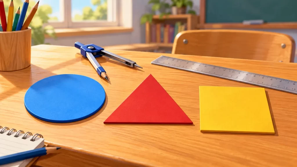 Círculo, triángulo y cuadrado de colores sobre una mesa con regla y compás.