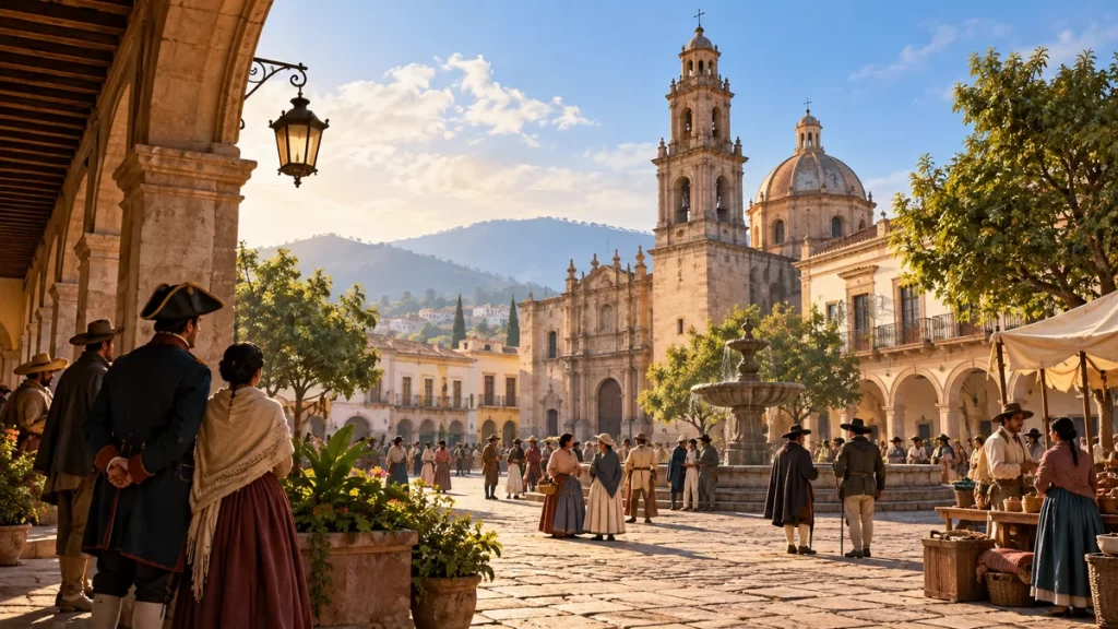 Agustín de Iturbide: relato histórico para niños con línea del tiempo 1 Plaza mexicana imaginada con personas vestidas al estilo de comienzos del siglo XIX.