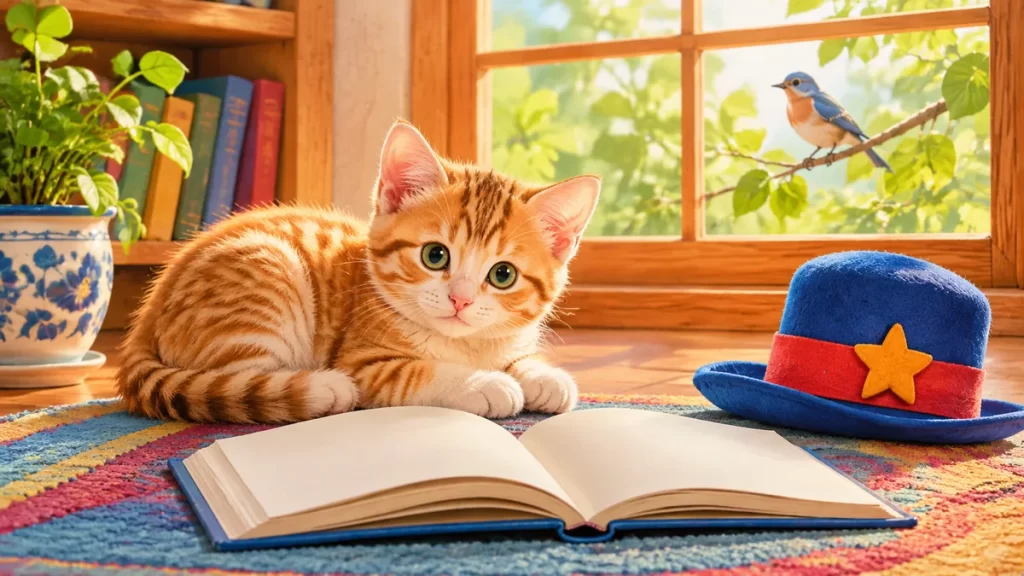 Un gato junto a un libro abierto y un sombrero con un pájaro en la ventana.