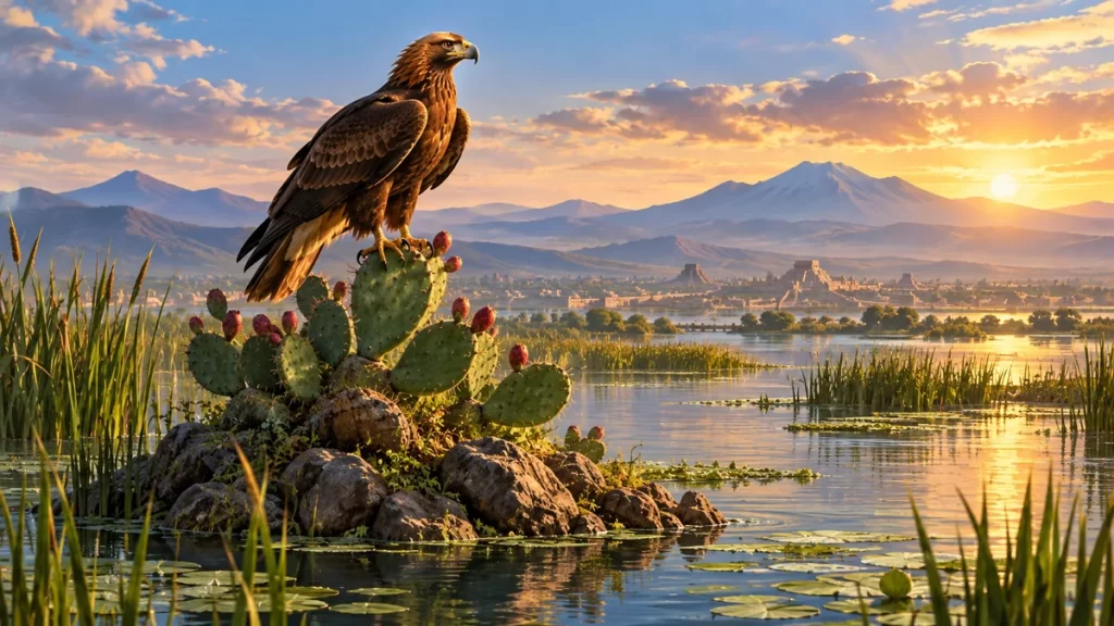 La fundación de Tenochtitlan: relato para niños, tradición e historia 1 Águila posada sobre un nopal junto a un lago, evocación de una tradición mexica.
