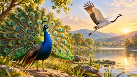 Un pavo real despliega su cola mientras una grulla vuela sobre un lago en una ilustración de la fábula.
