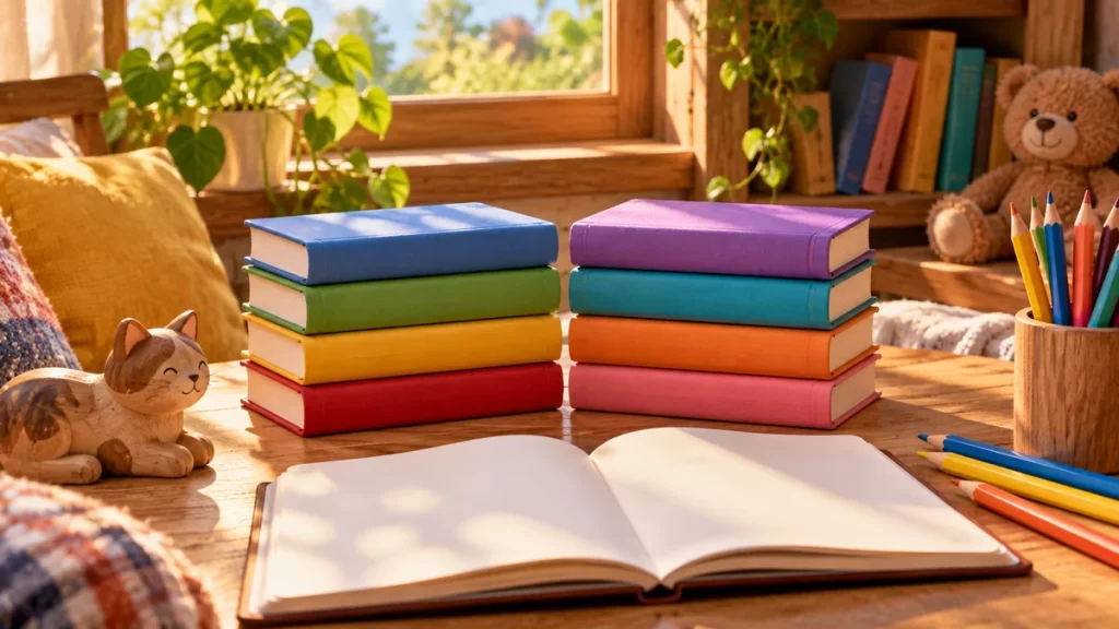 Libros de colores y cuaderno abierto en un rincón de lectura.