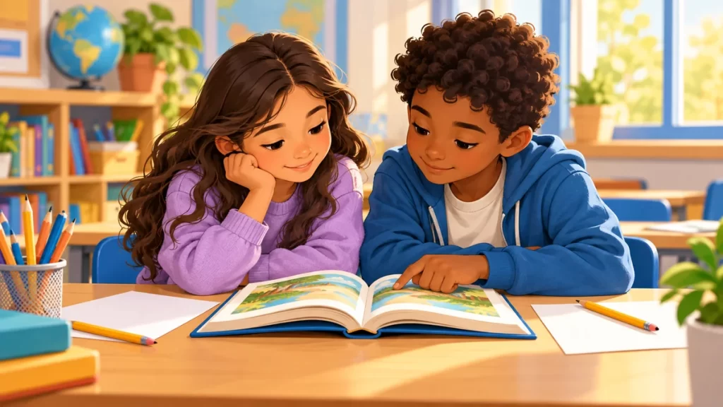Dos niños leen juntos un libro en una mesa de aula.