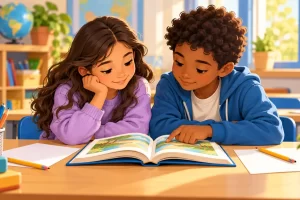 Dos niños leen juntos un libro en una mesa de aula.