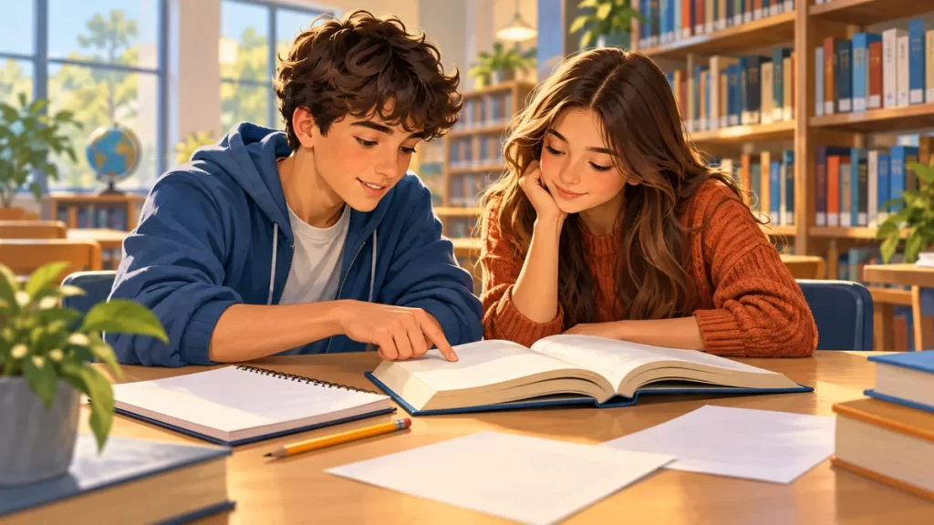 Dos adolescentes leen un libro y toman notas en una biblioteca.