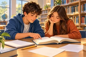 Dos adolescentes leen un libro y toman notas en una biblioteca.