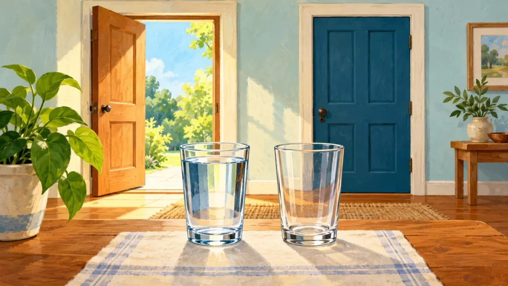 Antónimos: qué son, ejemplos y ejercicios con respuestas 1 Ilustraciones de una puerta abierta y otra cerrada junto a dos vasos, uno lleno y otro vacío.