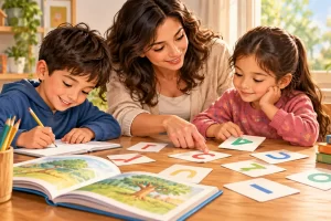Ilustración de dos niños y una adulta practicando con letras y un libro.