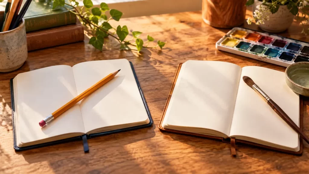 Has o haz: diferencia, ejemplos y ejercicios resueltos 1 Dos cuadernos abiertos con páginas en blanco sobre una mesa de estudio iluminada por el sol; uno tiene un lápiz y el otro un pincel, con materiales de pintura alrededor.