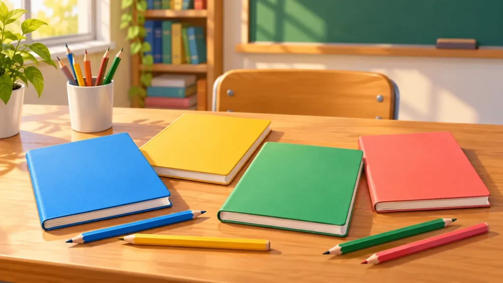 Cuadernos de cuatro colores y lápices sobre una mesa escolar.
