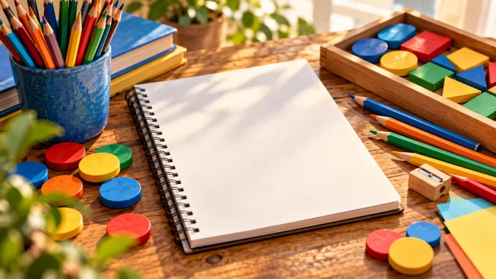 Lápices y fichas de colores junto a un cuaderno sin letras.