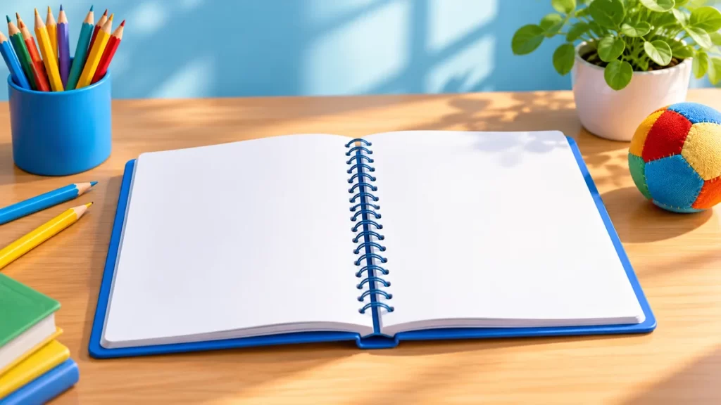 Cuaderno abierto, lápices y pelota en una mesa escolar.