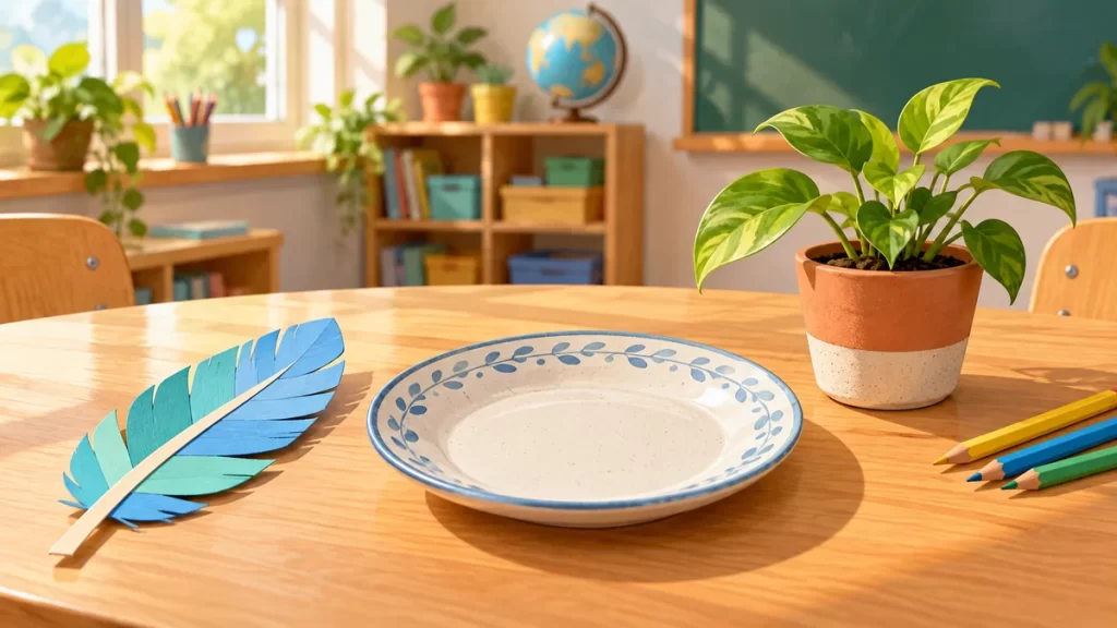 Palabras con PL: pla, ple, pli, plo, plu y ejercicios resueltos 1 Pluma de papel, plato y planta sobre una mesa de aula.