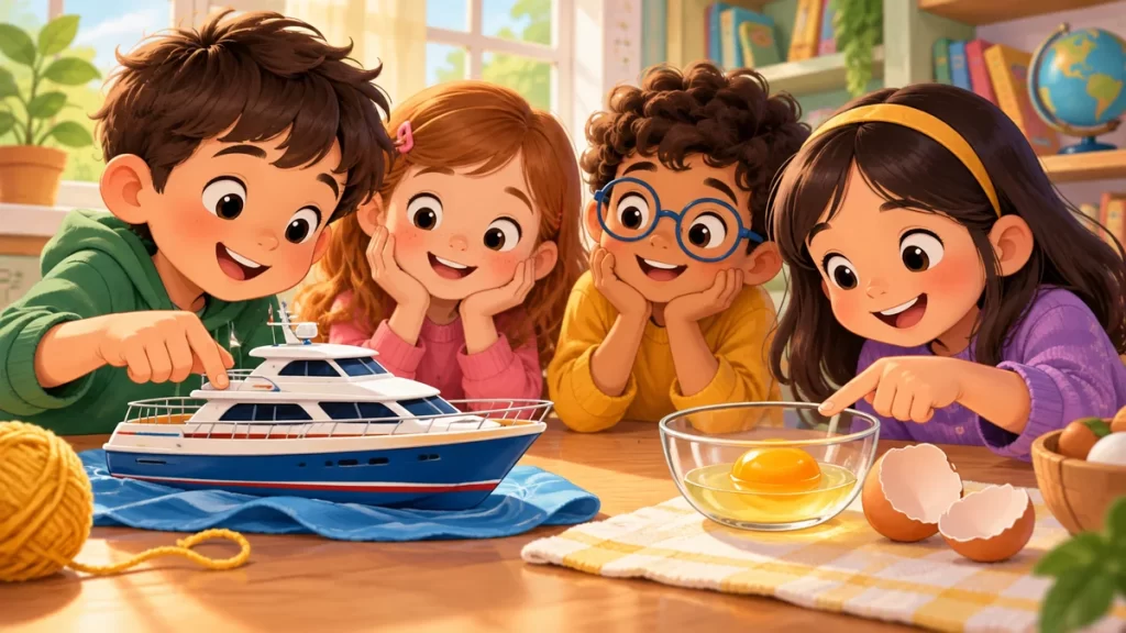 Cuatro niños observan un barco de juguete y una yema de huevo en una ilustración escolar.