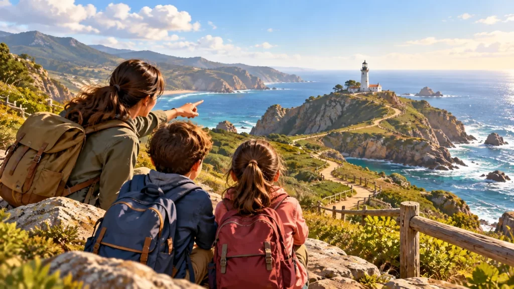 Una adulta y dos niños contemplan un faro desde un sendero costero.