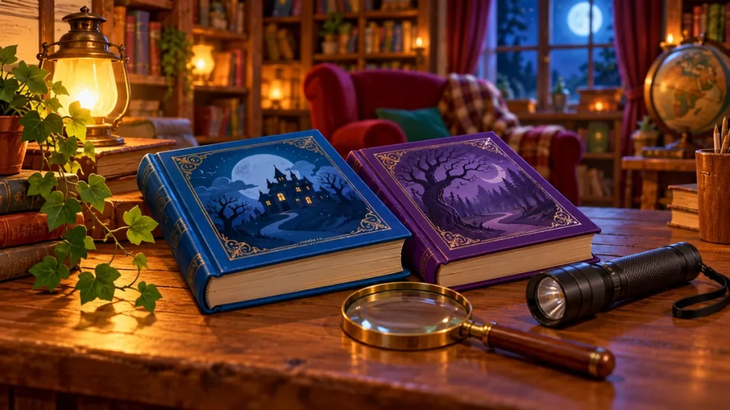 Características de los cuentos de misterio y de terror, con ejemplos 1 Dos libros ilustrados, una lupa y una linterna en una biblioteca.