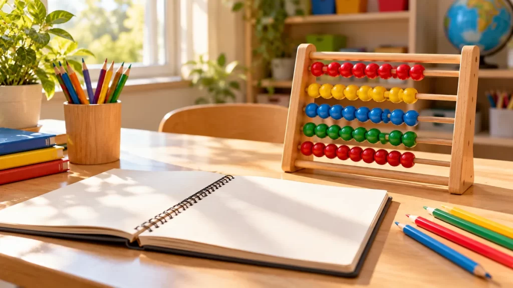El doble y el triple de un número: explicación y ejercicios 1 Ábaco de madera y cuaderno abierto sobre una mesa escolar luminosa.