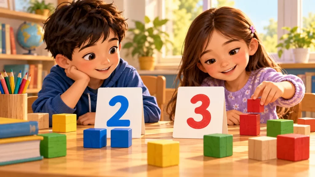 Dos niños observan tarjetas con los números 2 y 3 y bloques de colores.