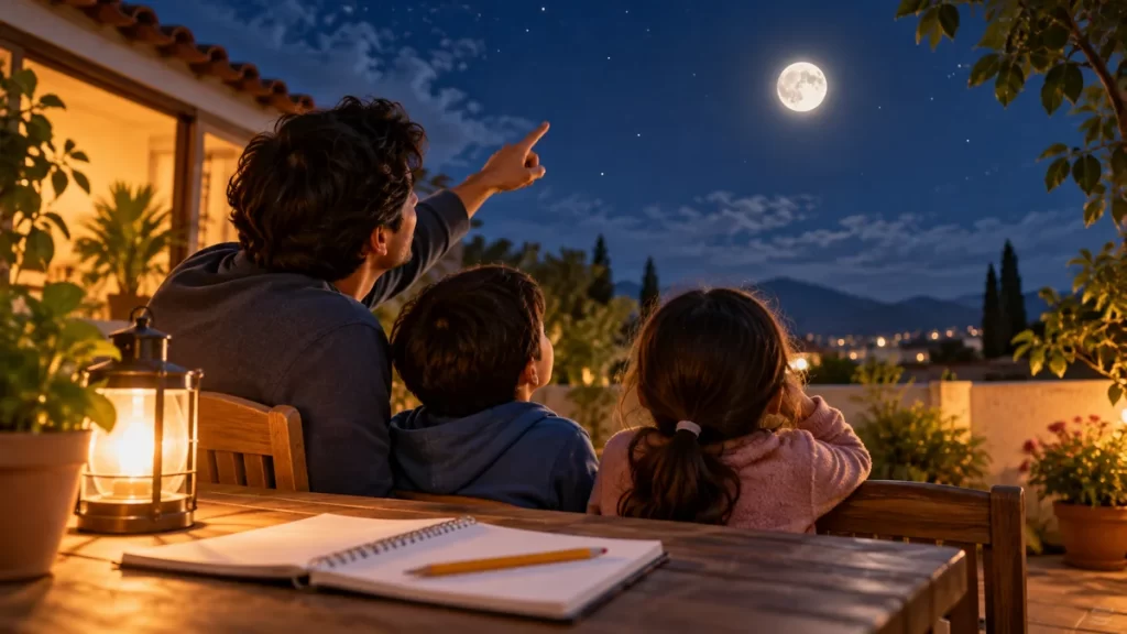 Una persona adulta y dos niños observan la Luna desde un patio.