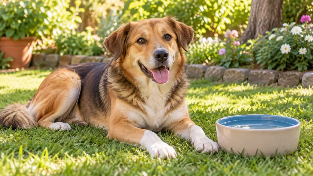 El perro para niños: características y vida 1 Perro adulto descansando en un jardín junto a un cuenco de agua.