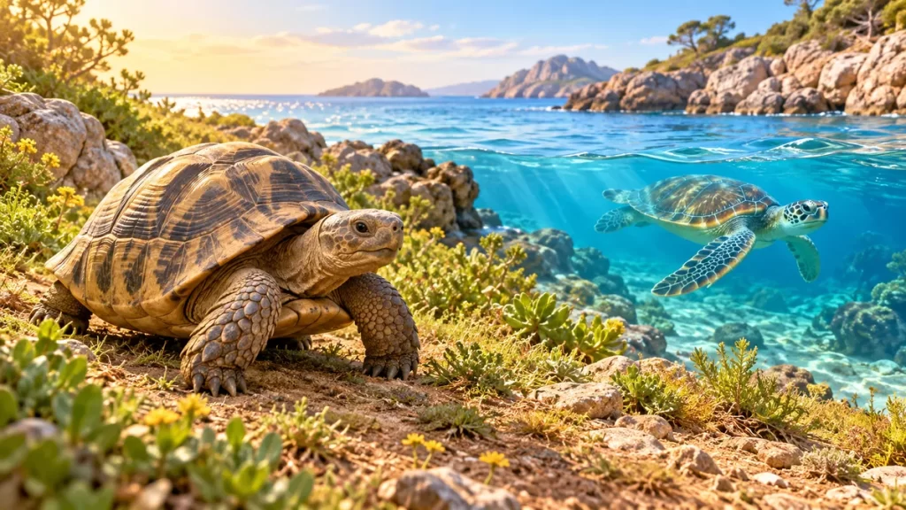 Ilustración de una tortuga terrestre junto a la costa y una tortuga marina bajo el agua.