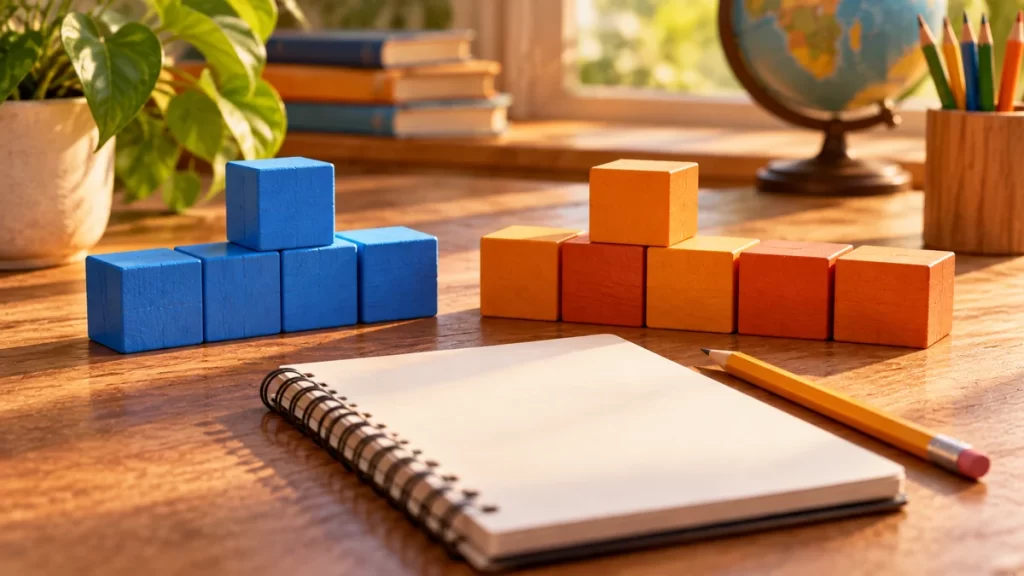 Bloques de madera azules y naranjas junto a un cuaderno.