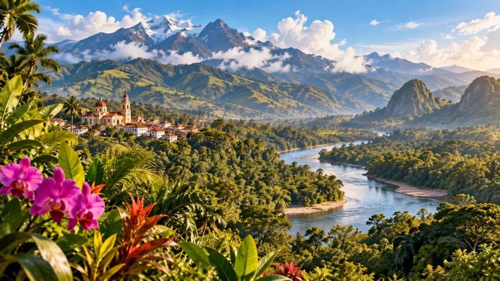 Paisaje colombiano imaginado con un río, montañas, vegetación y un pueblo.
