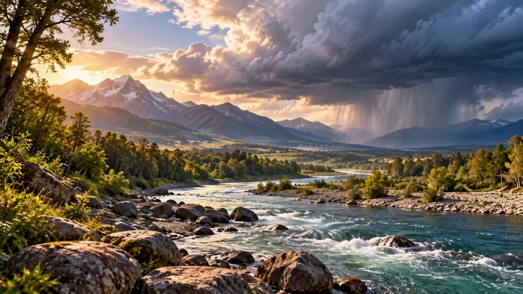¿Qué es un desastre natural? Explicación para niños 1 Río y montañas con una tormenta a lo lejos.