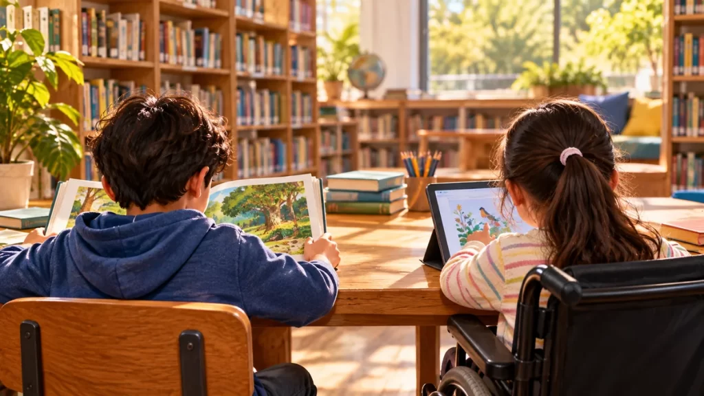 Equidad e igualdad para niños: diferencias y ejemplos cotidianos 1 Dos estudiantes trabajan con libros de diferentes formatos en una biblioteca luminosa.