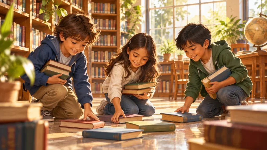 Tres escolares colaboran recogiendo libros en una biblioteca.