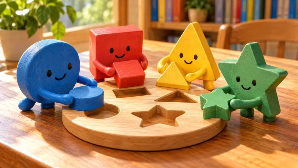 Figuras de madera con formas diferentes que comparten un juego.