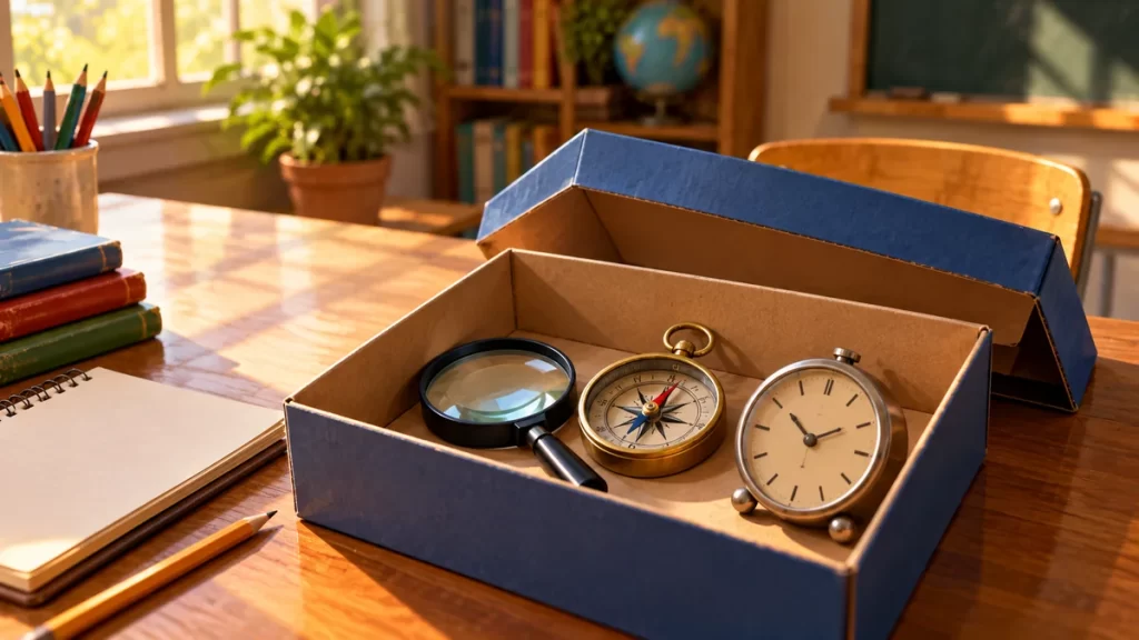 Dos cuentos policiales para niños: misterios con pistas y soluciones 1 Caja con lupa, brújula y reloj para acompañar dos misterios escolares.