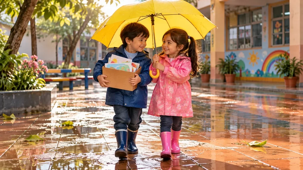 Alma y Teo caminan con un paraguas amarillo para proteger una caja de dibujos de la lluvia.